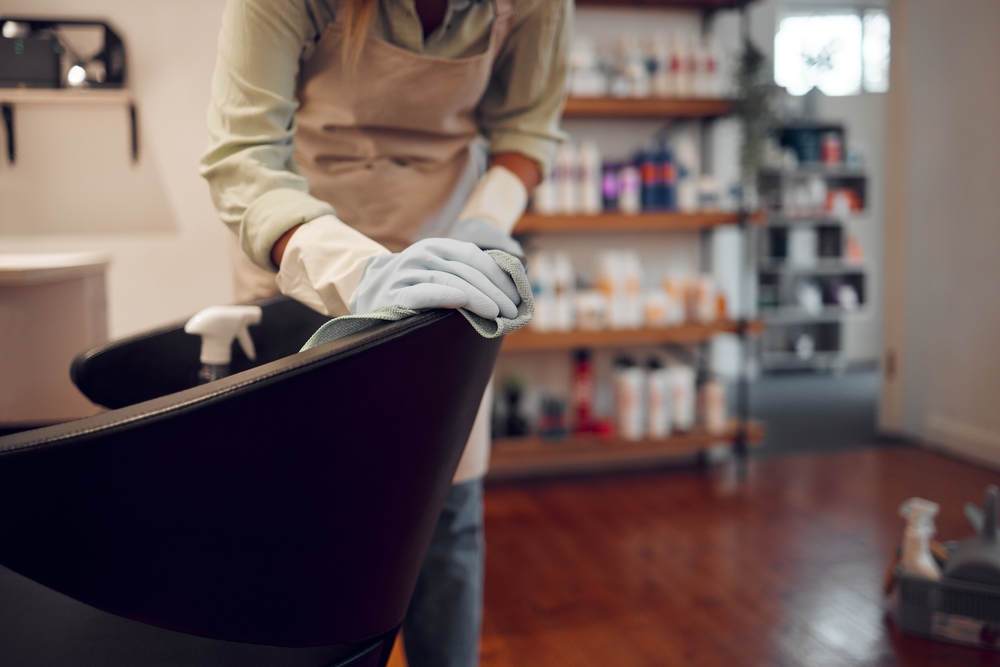 Salon,,Small,Business,And,Woman,Cleaning,Chair,With,Equipment,In